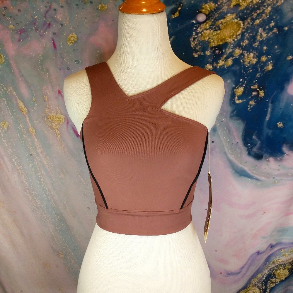 Under Armour MISTY asymmetrical cutout back workout fitness top in sepia + black